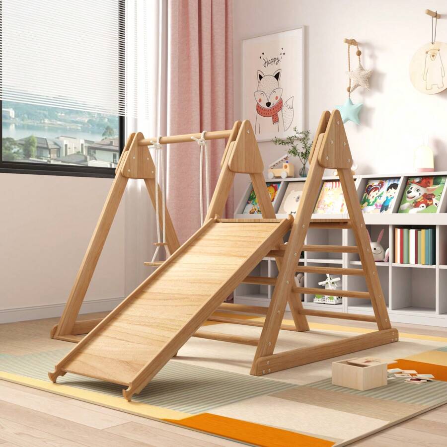 Creahappy Kinderrutschen und Schaukeln - Kinderspielzeug aus Holz - aus massivem Kiefernholz und Sperrholz - 3 in 1 Kinderspielzeug - mit Klettergerüsten - Schaukeln - Rutschen - Kombinationsspielzeug für drinnen