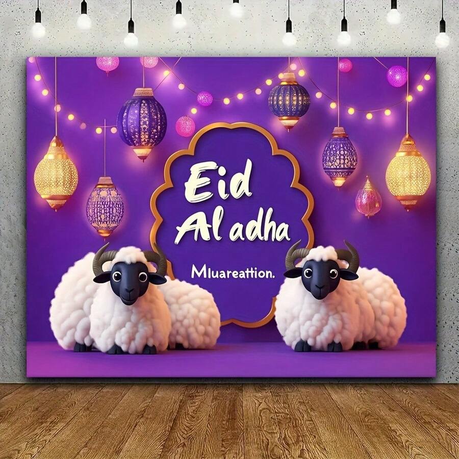 1 pièce Arrière-plan de photographie Eid Mubarak violet avec lanterne de Ramadan, mouton, lune et étoile - en polyester, fond photo pour la décoration du festival, décor d'arrière-plan thématique, LLL