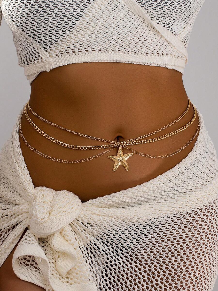 1 peça corrente de cintura para decoração de verão com estrela do mar, estilo vocação, corrente de barriga praiana com pingente de estrela do mar, correntes de cintura douradas para combinar com vestido de biquíni, acessórios de joias para viagem na praia