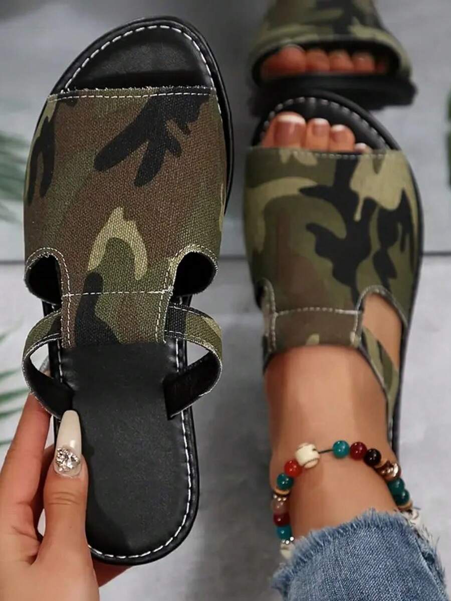New Plus Size Women Comfortable Simple Round Toe Color Block Sandals Flat Casual Slippers Vacation Beach Summer Shoes