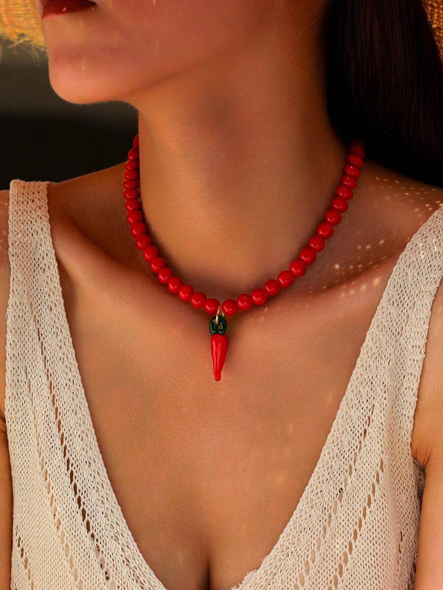 1 pieza Collar de Replica de ZAR con cuentas de vidrio rojas en forma de chile picante para primavera/verano
