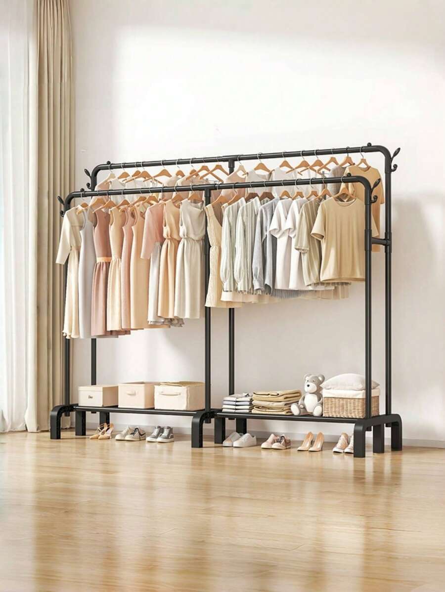 1PC Freestanding Hanger Double Pole Multi-Functional Bedroom Clothing Rack,Metal Clothes Hanger Organizer And Black Clothes Stand With Wheels