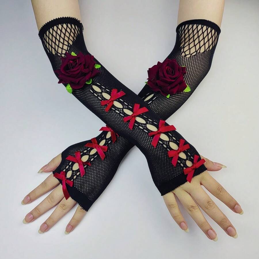Gotische dunkelrote Spitzen-Fingerlose Handschuhe in mittlerer Länge, schwarze elastische atmungsaktive Netzhandschuhe für Partys
