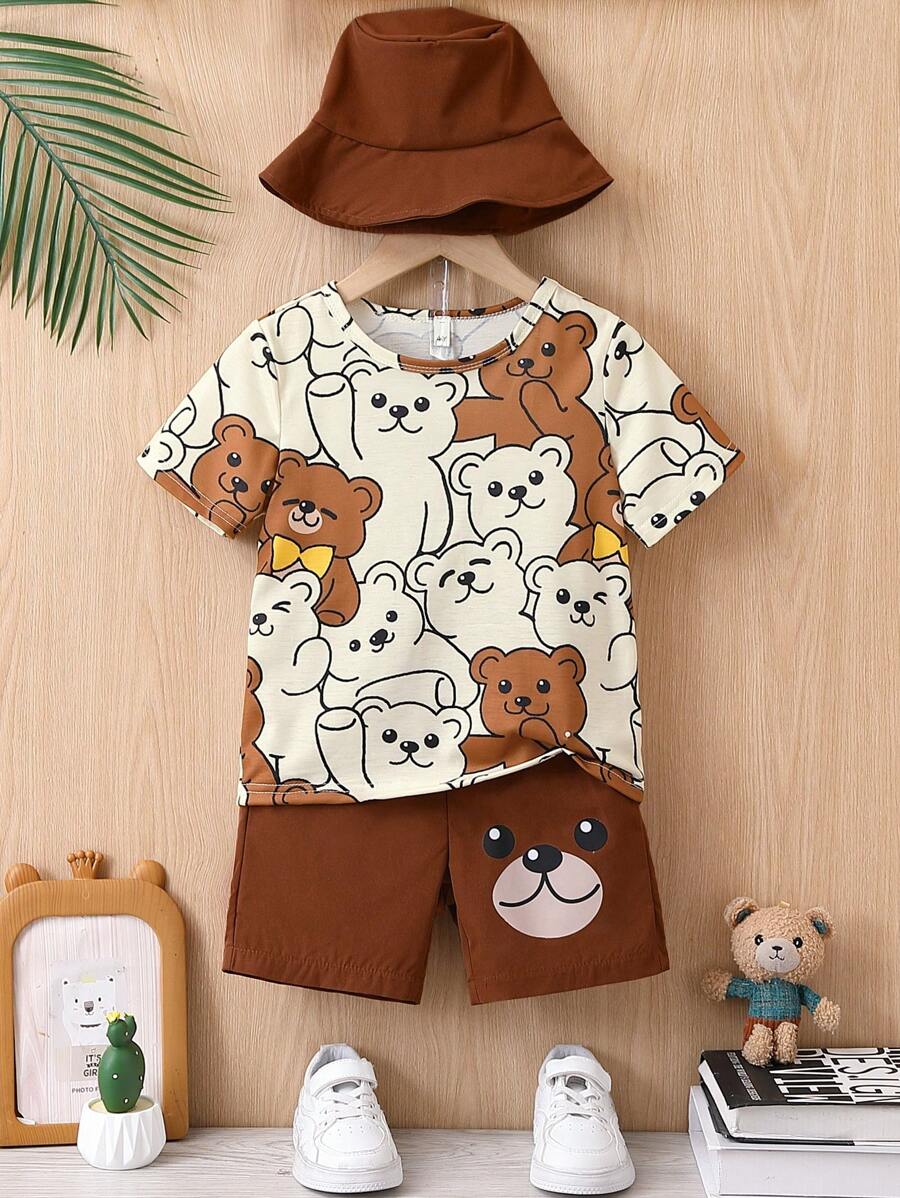 Ensemble de 2 pièces T-shirt à manches courtes et short imprimé ours dessin animé décontracté pour garçon, adapté pour l'été, les sports, le port quotidien, l'école et les voyages