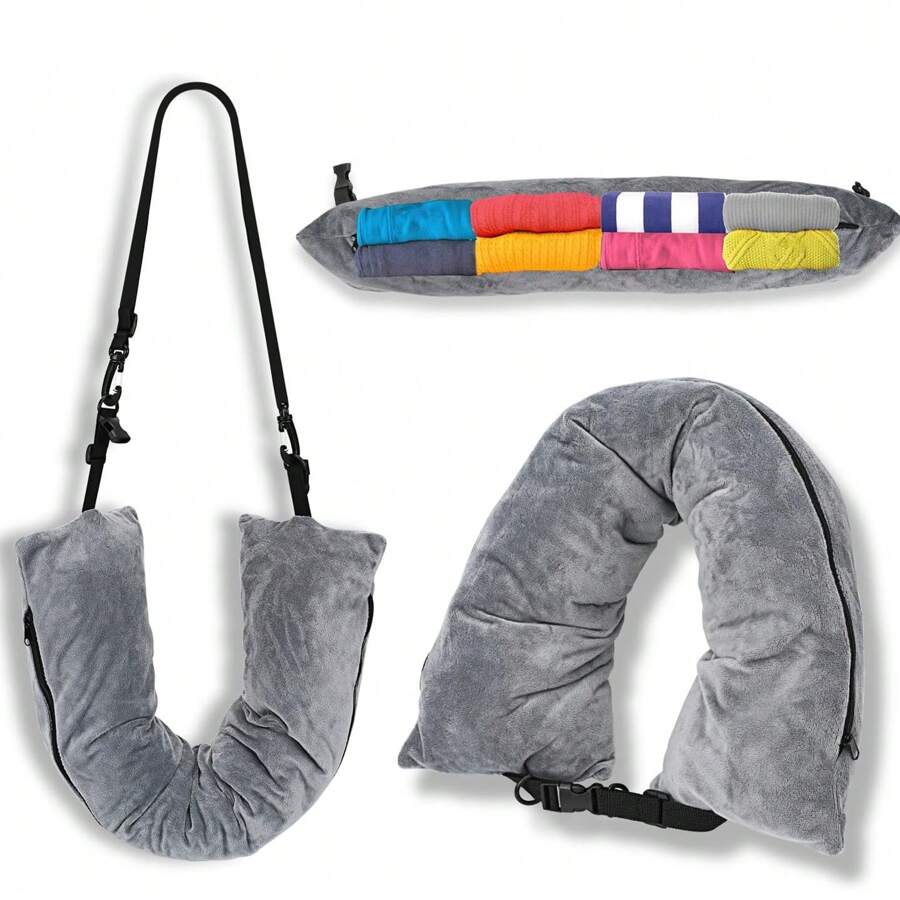 Fillable Travel Pillow, Suitable As Extra Luggage, Soft Velvet Travel Neck Pillow With Storage Bag, Adjustable Neck Size, Multifunctional Foldable Pillow, Ideal For Flight Travel