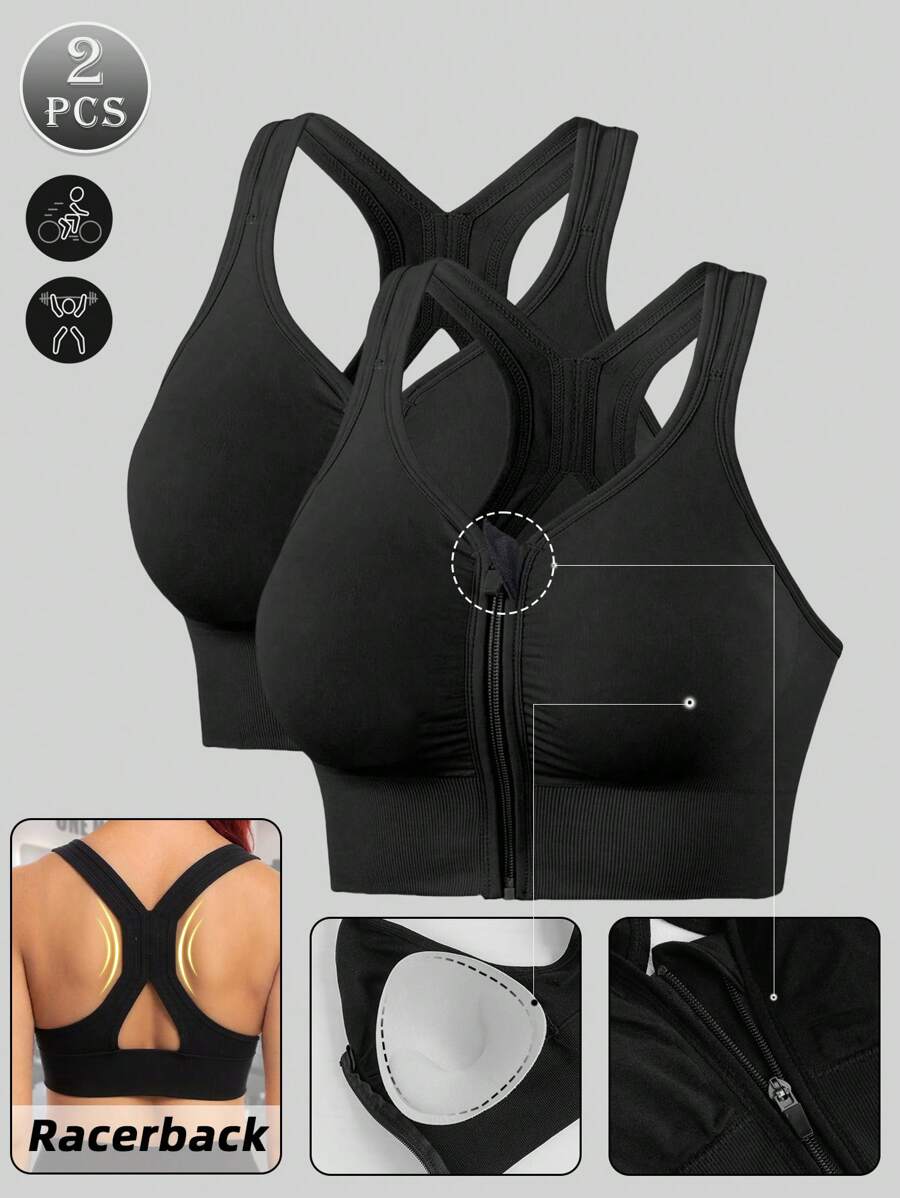 2pcs Sports Bras For Women Summer Gym Bra Seamless Wireless Bralette High Elastic Tank Tops Workout Training Removable Padding Zipper Racerback Running