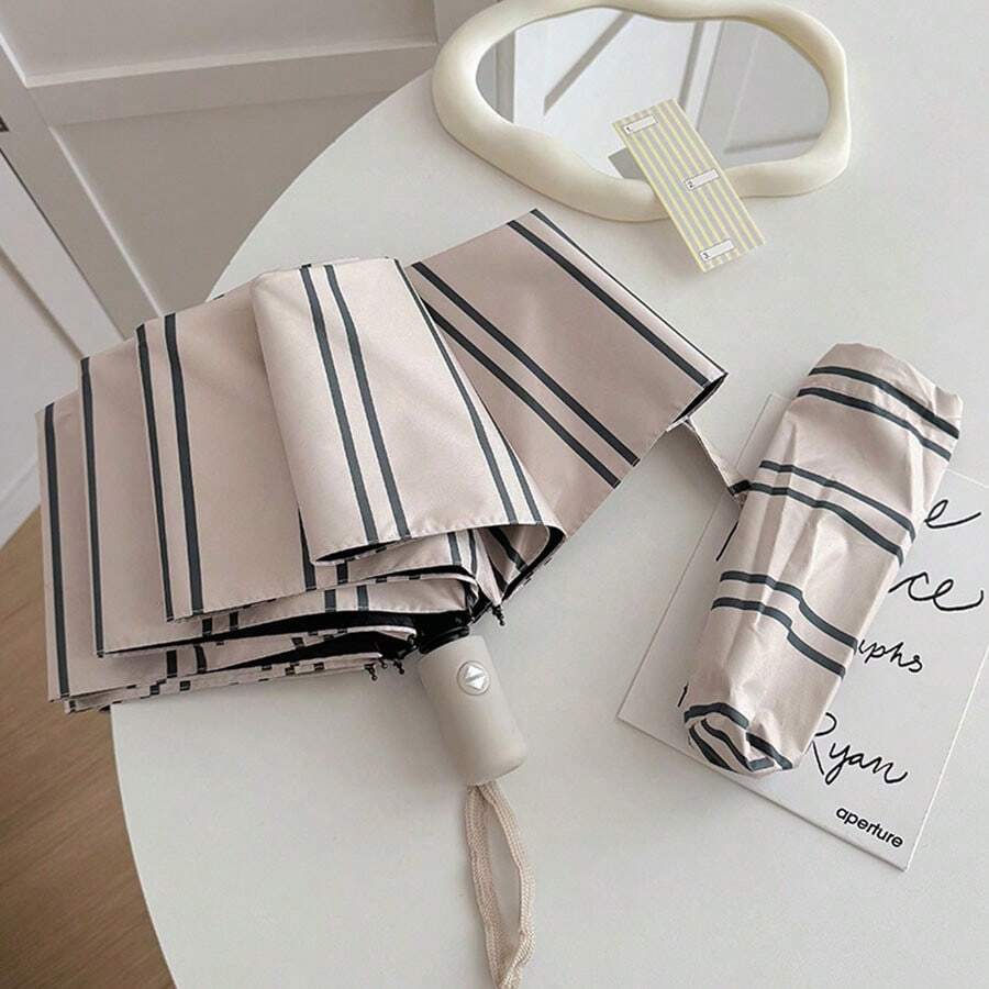 1 buc Umbrelă cu trei orificii cu 8 oase UPF50+, verde și dungi, unisex, rezistentă la vânt și la ploaie, stil britanic retro, deschidere/închidere automată, potrivită pentru zilele însorite și ploioase