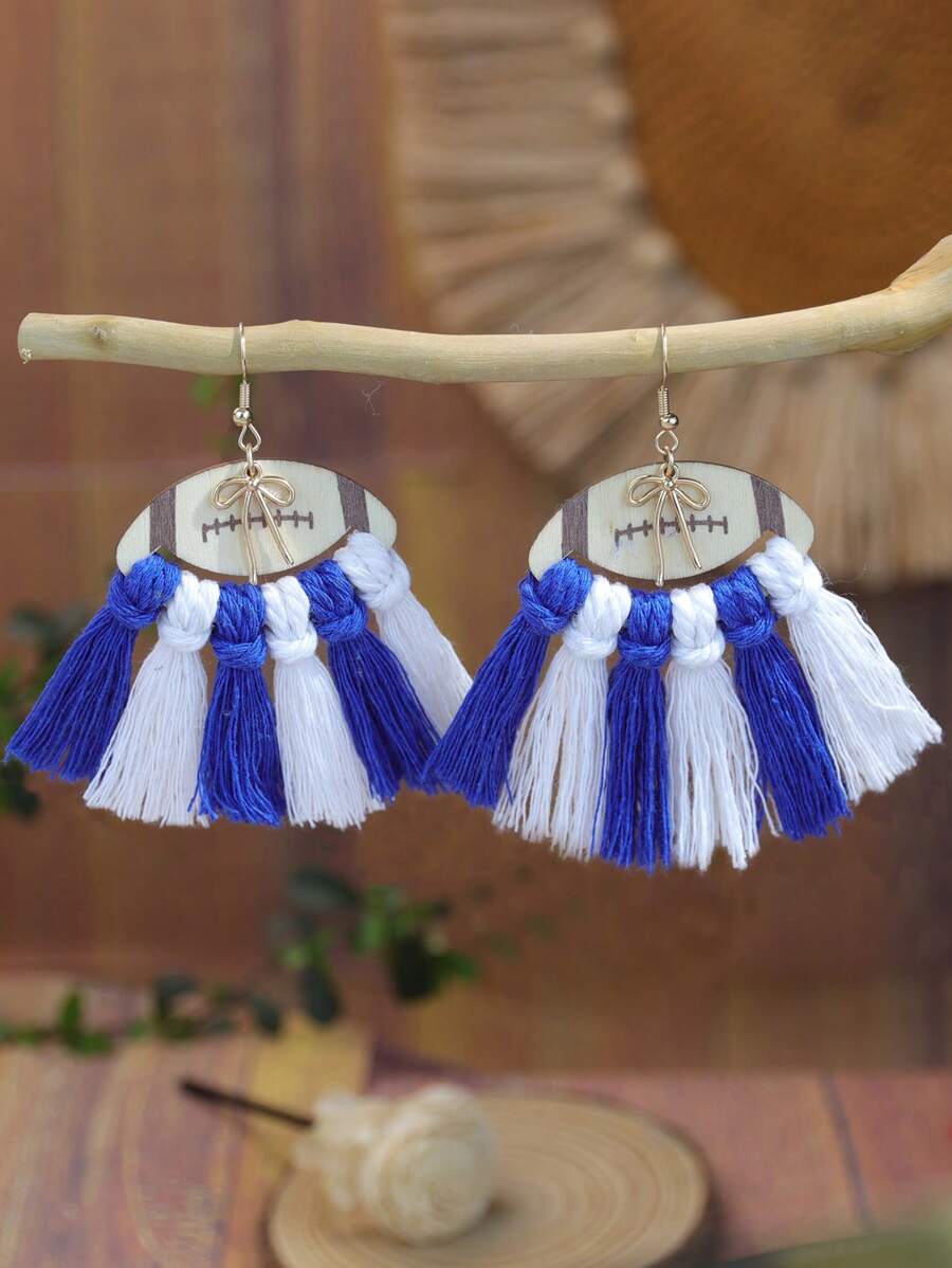 1 Pair Bohemian Football Tassel Bow Earrings, Suitable For Sports Season Wear