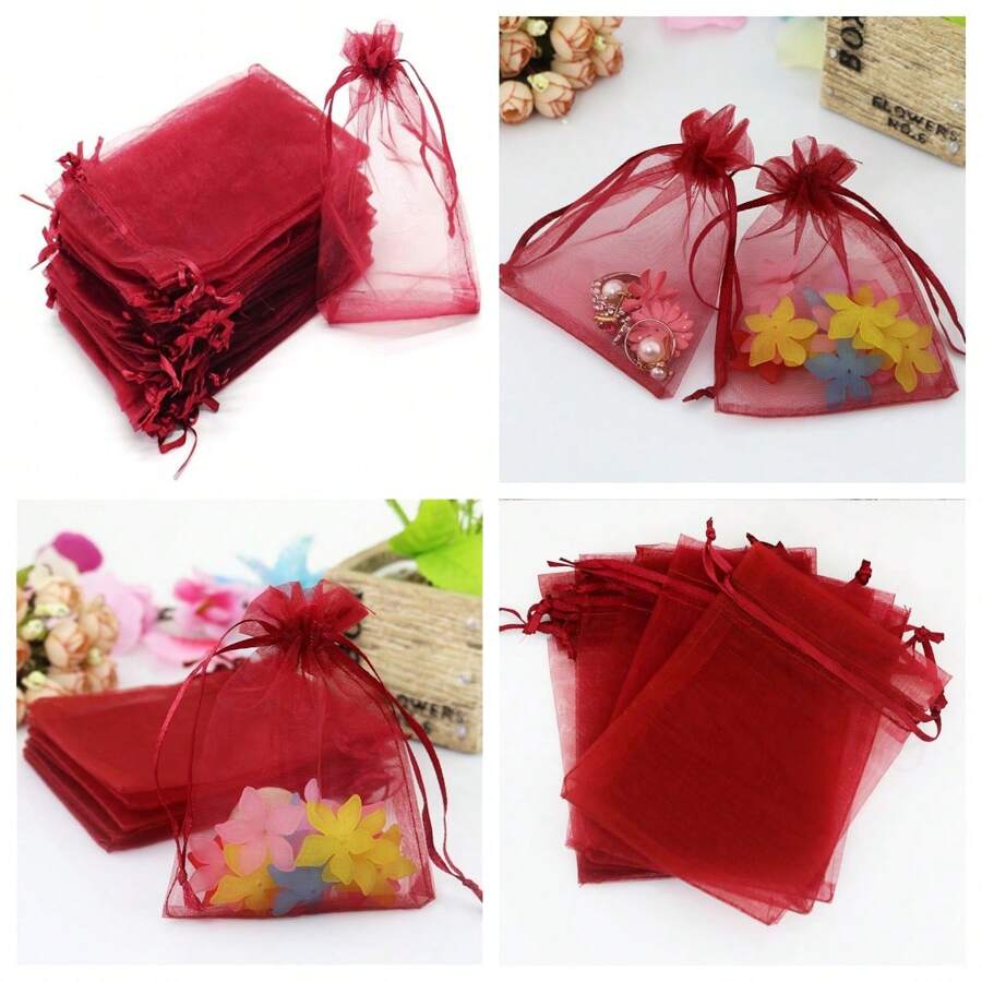 50/100pcs Wine Red Gift Packaging Bags, Dark Red Organza Candy Bags, Multicolor Mixed Wedding Candy Bags, Wedding Necessities Gift Bags, Tableware, Outdoor Storage Bags, Wedding Candy Packaging Bags, Multiple Sizes, Various Festival Party Packaging Supplies, Holiday Home Goods, Holiday Wedding Party Gift Packaging Supplies, Festival Activities And Party Supplies