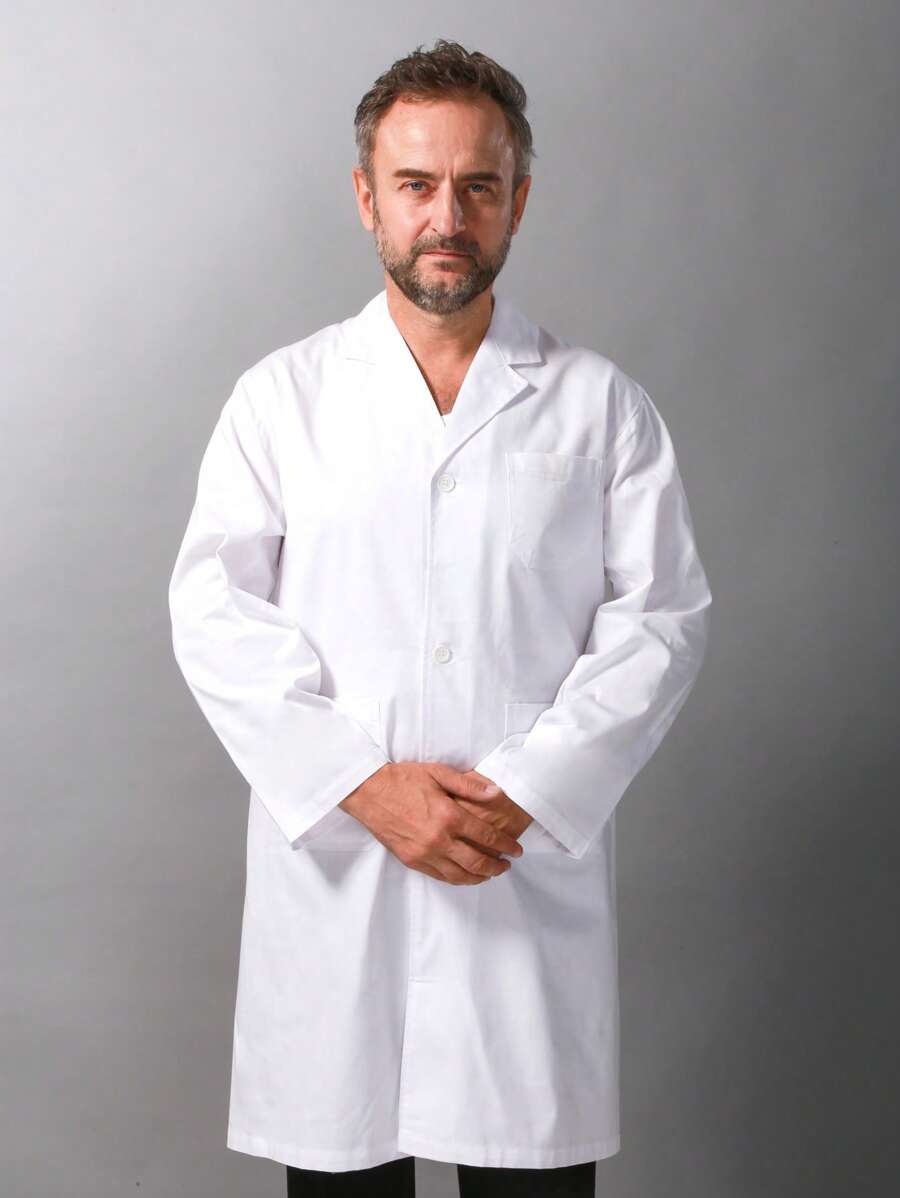 معطف واق طبي مختبري للرجال، رداء أبيض مناسب للمستشفى والعيادة وعيادة الأسنان ومراكز التجميل