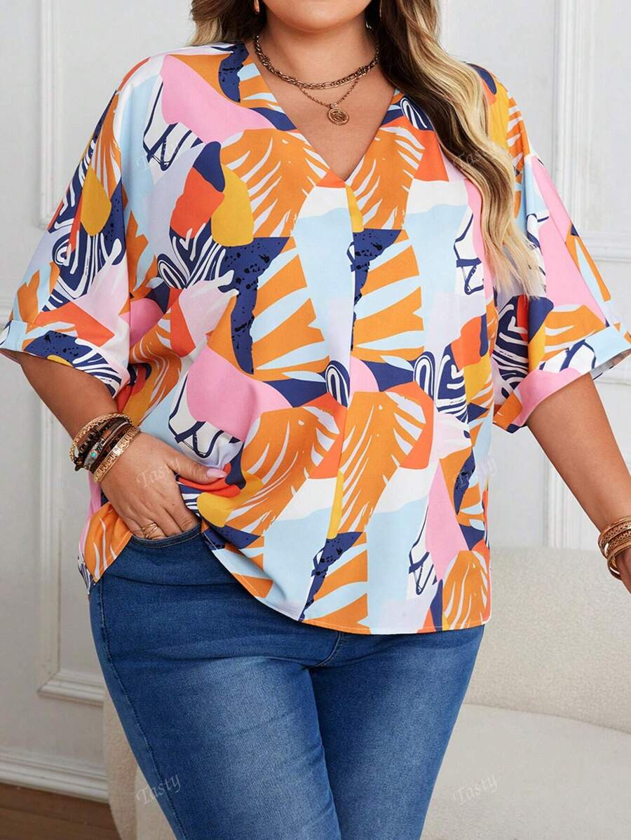 Plus Size Women V-Neck Printed Short Sleeve Tops, Casual Summer Holiday Wear