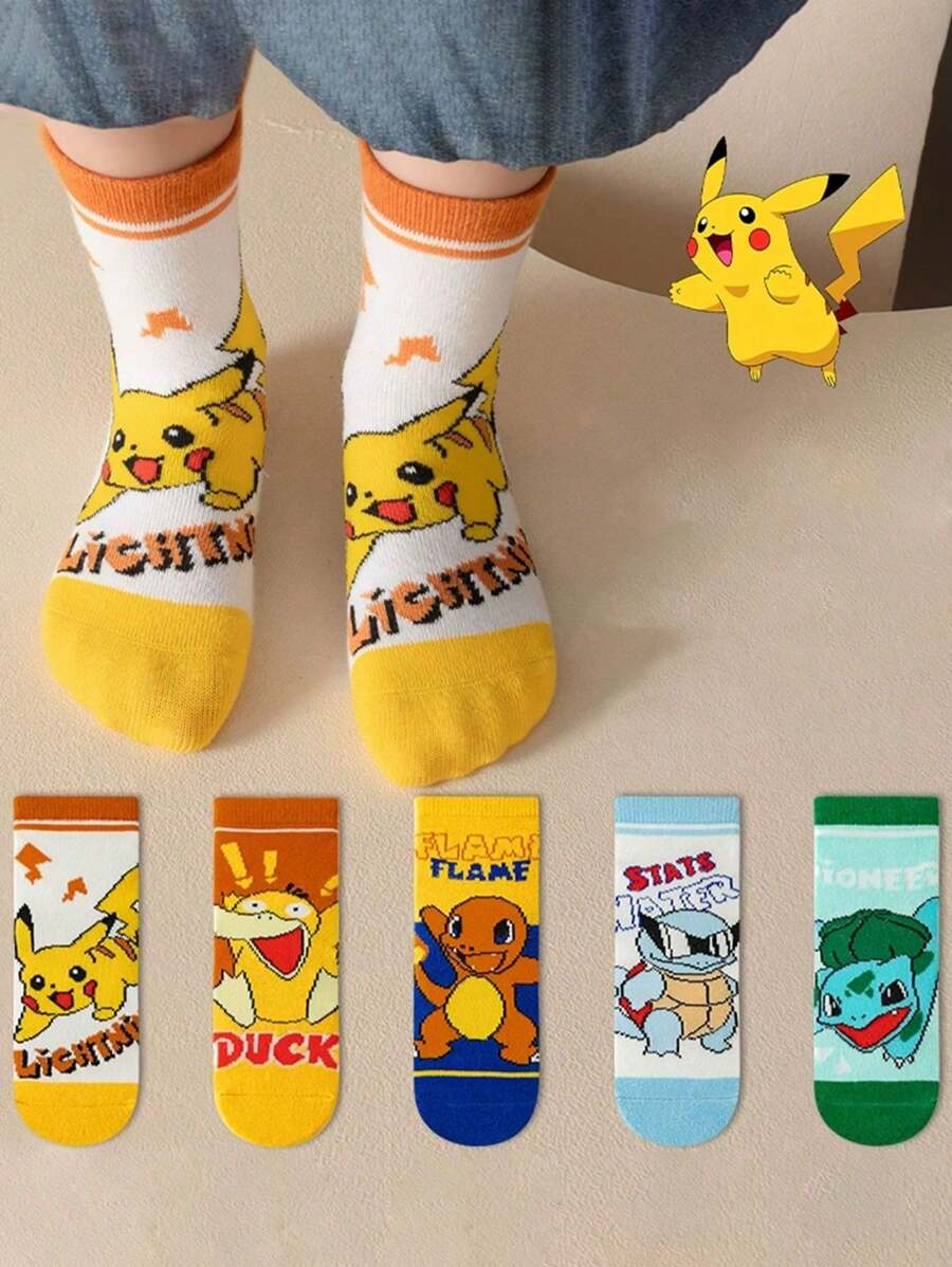 pokemon 5 par dziecięcych skarpetek z nadrukiem kreskówkowym, śliczne wzory anime, do połowy łydki dla dziewczynek, zima, styl koreański, oddychające dla chłopców, małych uczniów, skarpetki domowe