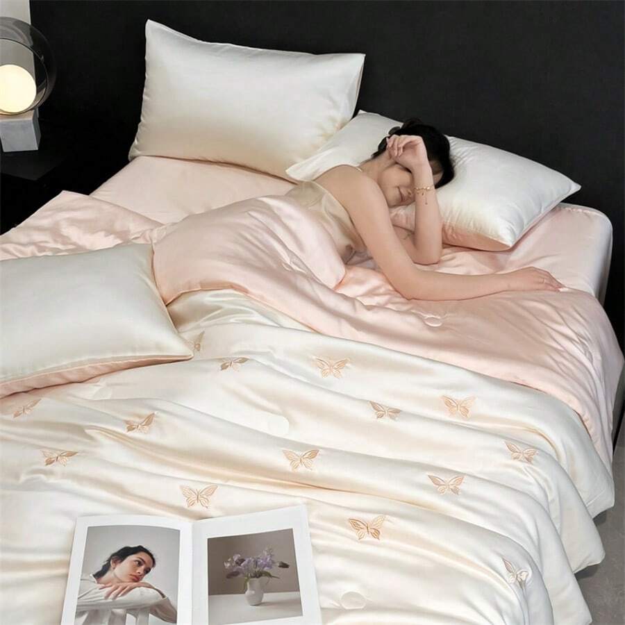 1-delige luxe zomerquiltset - zachte polyestervezel, wit perzikkleurig vlinderborduurwerk, perfecte zomernacht, zomerquilt | elegant beddengoed | gladde textuur