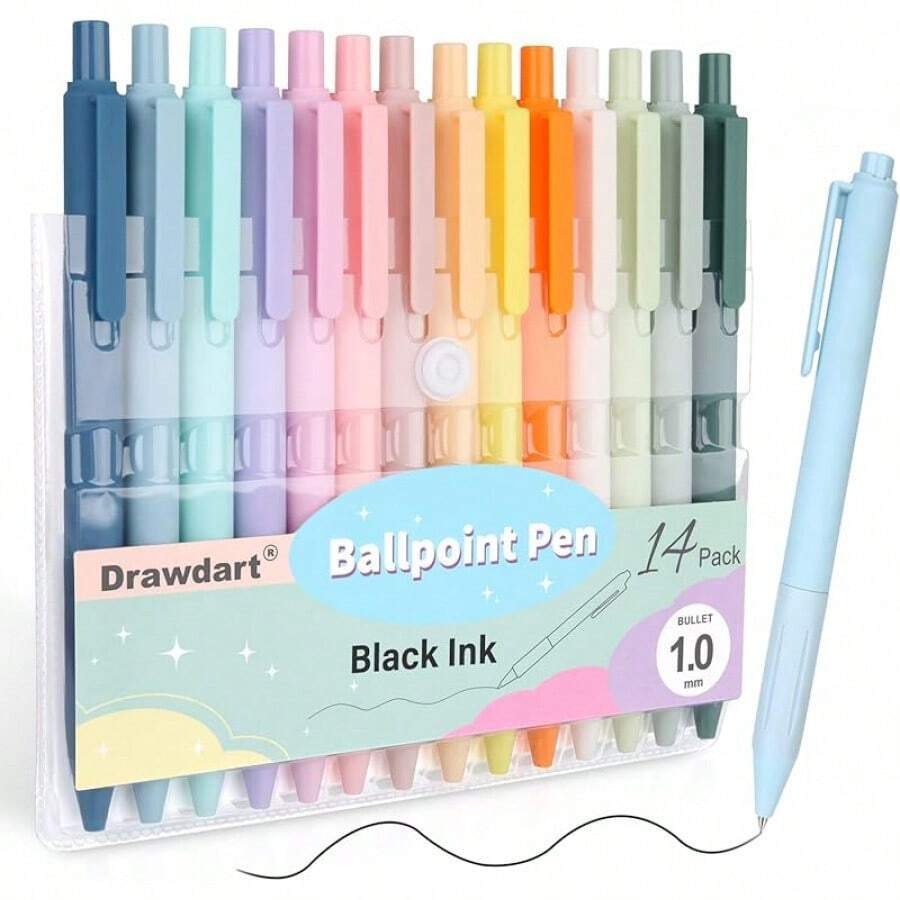 14-Pack Pastel Ballpoint Pens, Medium 1.0mm Black Ink, Retractable - Smooth Writing And Journaling