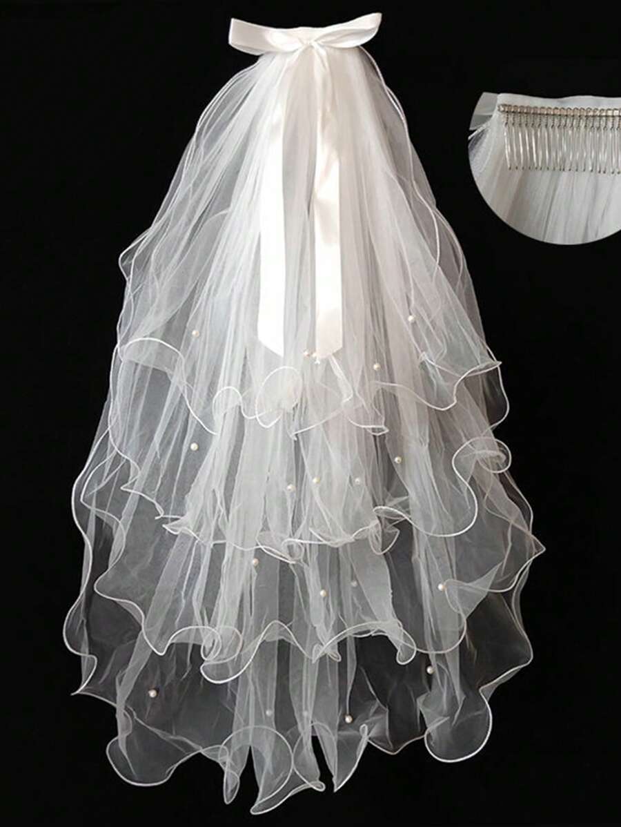 1 Stück luxuriöser 4-stufiger Hochzeitschleier mit Kunstperlen, exquisites Schleifen-Design, geeignet für Hochzeiten, Fotostudios, exklusive Galas