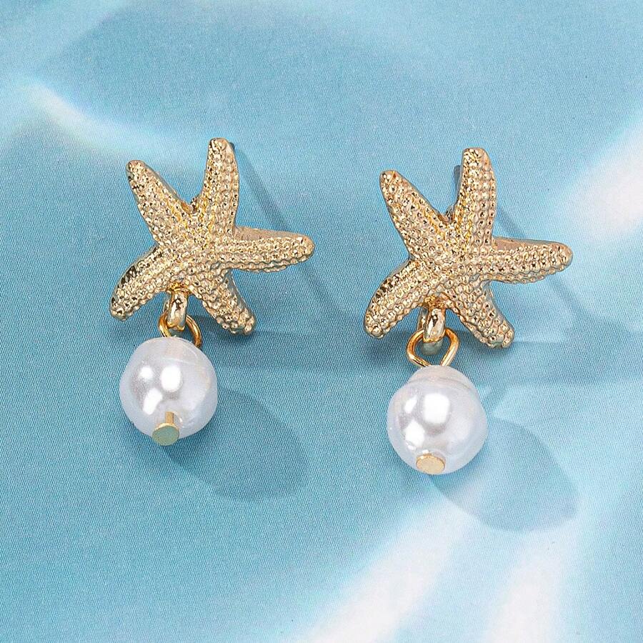 1 Pair Fashion European & American Style Starfish & Faux Pearl Beach Themed Metallic Tassel Women Earrings, Suitable For Beach Travel & Holiday Wear