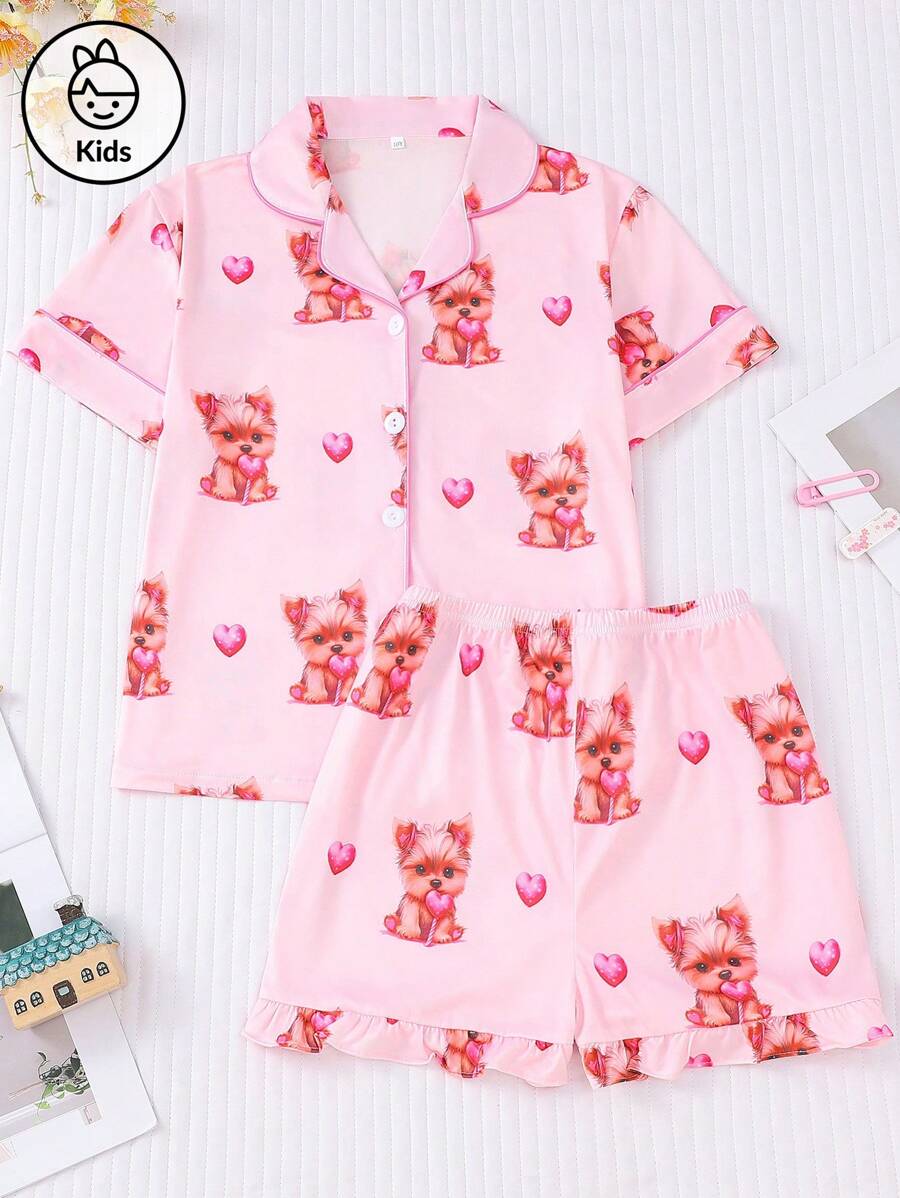 Conjunto de pijama de 2 piezas para niña, con cárdigan de manga corta para verano y pantalón corto con estampado adorable de perrito con forma de corazón, ropa de estar en casa ligera