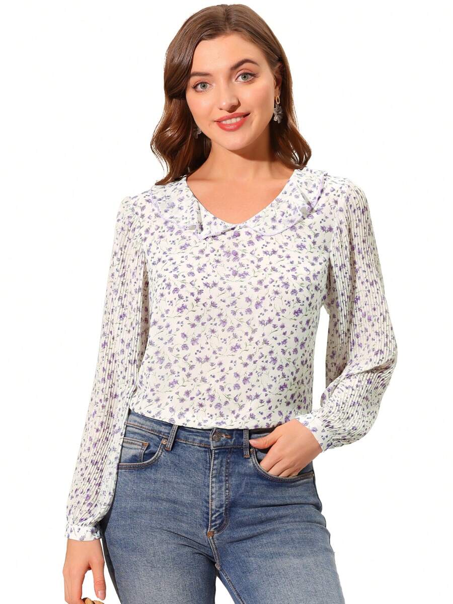 Women's Ditsy Floral Top For Cute Ruffle Collar Long Sleeve Summer Peasant Tops