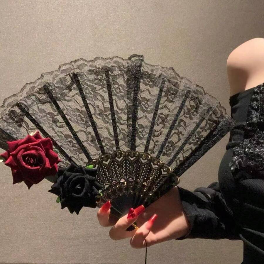 Elegant Vintage Spanish Lace Fans With Rose And Lace Design - Ideal For Women's Gatherings, Weddings And Gifts, Suitable For Halloween, Valentine's Day Summer Cooling,Beach,Travel