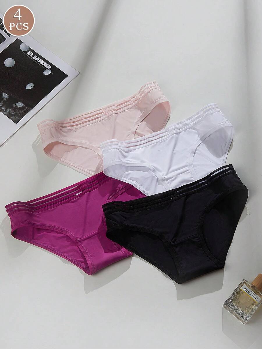 4 piezas de ropa interior de mujer con paneles de malla perforada de nailon y spándex sin costuras