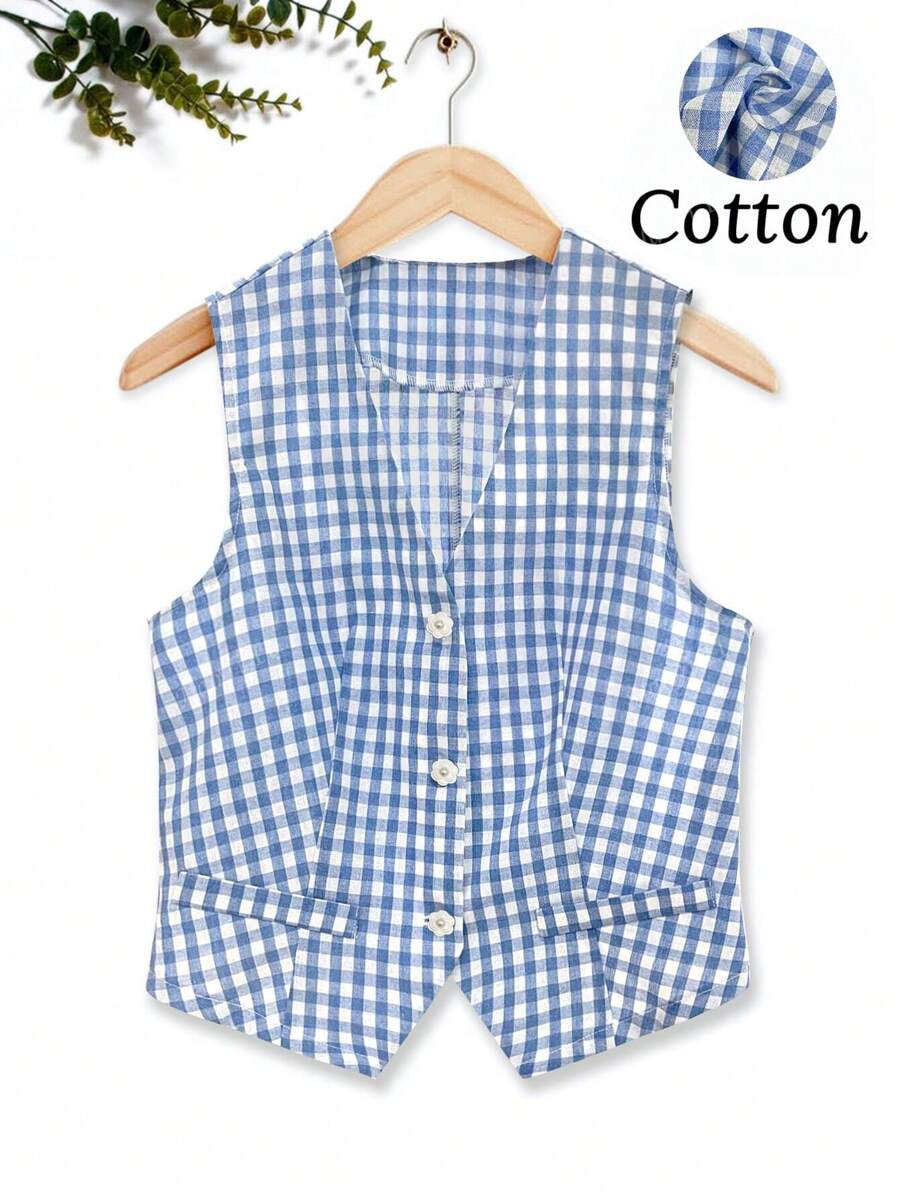 Blazer corto, senza maniche, in poliestere-cotone, con motivo a quadri, ideale per uso casual e vacanze, per donna