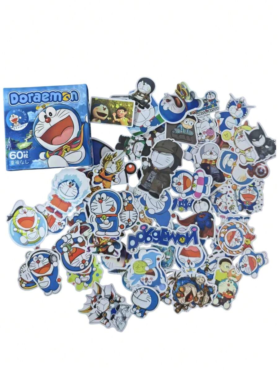 60pcs/Set Doraemon & Cartooon Cat Cute Stickers, Waterproof Stickers For Luggage, Skateboard, Guitar, Car Decoration