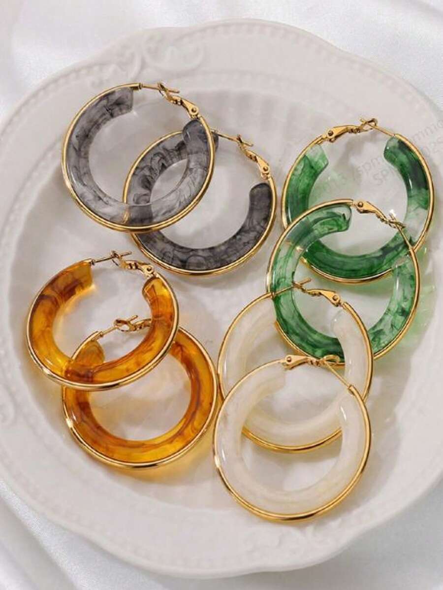 2pcs Colored Acrylic Earrings For Women Waterproof Stainless Steel Hoop Earrings 2024 Minimalist Piercing Ear Jewelry