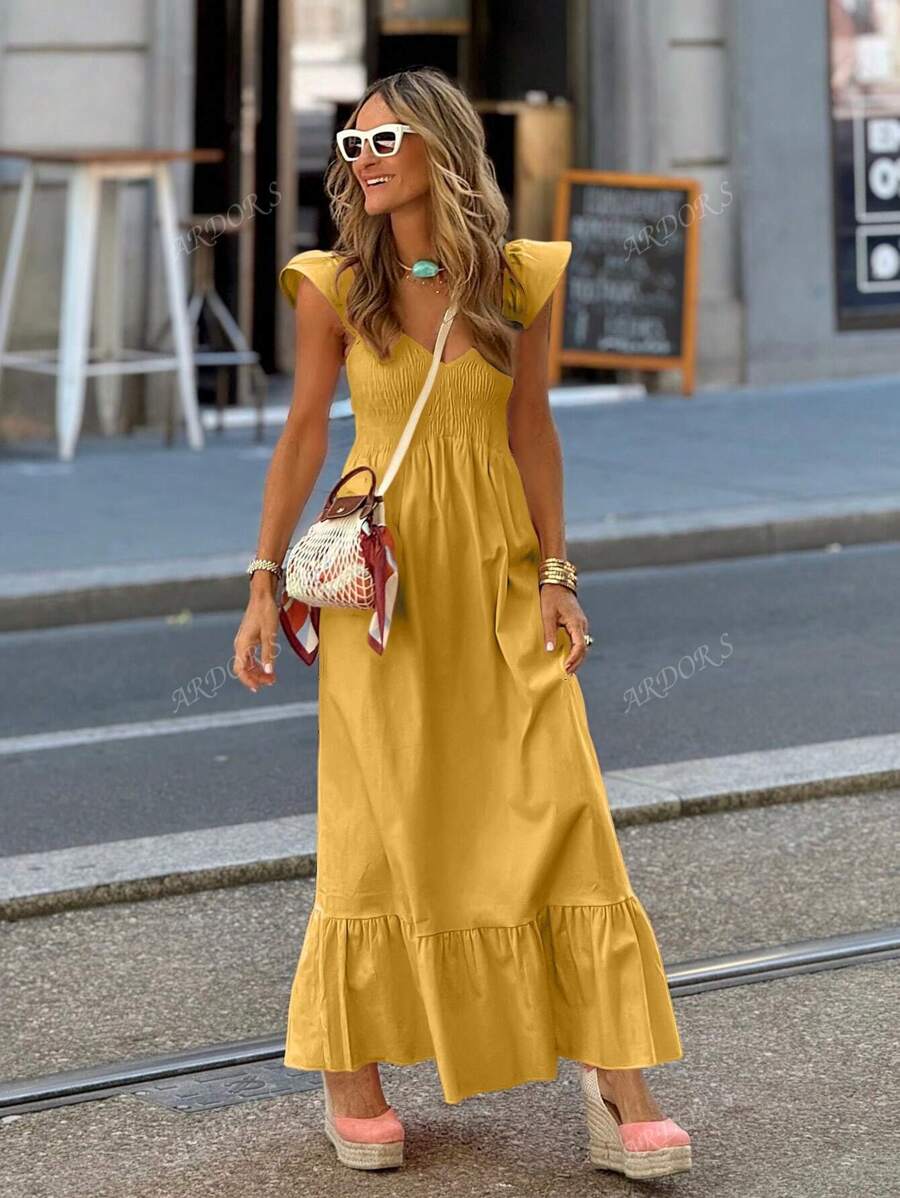 Vestido largo elegante con mangas de vuelo de diseño amplio, de unicolor, cómodo y casual, para vacaciones y días festivos para mujeres