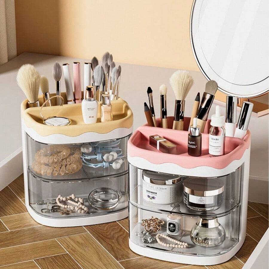 1Pc Rotating Drawer Style Storage Box Pen Holder, For Desktop Storage Pencil Storage Rack Cute Desktop Pen Cup Makeup Brush Container Home Decoration Stationery Storage Multifunctional Storage Box,Back To School,School Supplies,Pencil Case,Pencil Pouch,School Bag
