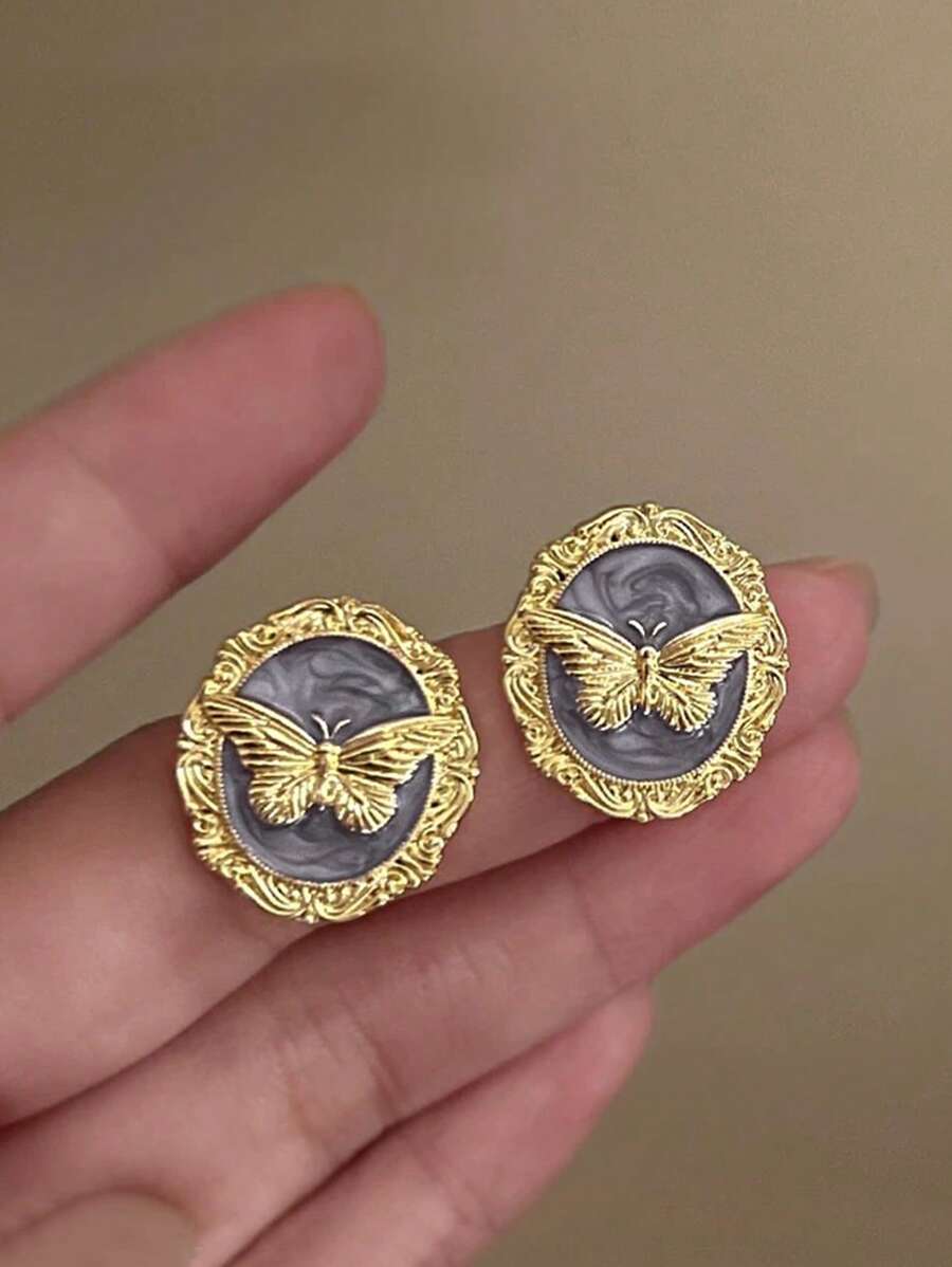 1 Pair French Vintage Sweet Elegant High-Quality Dripping Glazed Butterfly Design Luxury Unique Earrings, Suitable For Ladies Daily, Vacation, Date, Casual Wear, Summer
