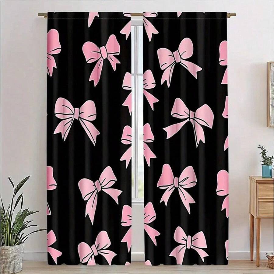 2pcs Blackout Curtains With Bow Print, Fashion Bedroom & Living Room Curtains, Polyester Fabric, Semi-Sheer, Machine Washable, Elegant Home Decor, Bedroom Decor | Cute Design | Semi-Sheer Curtains, Living Room Curtains