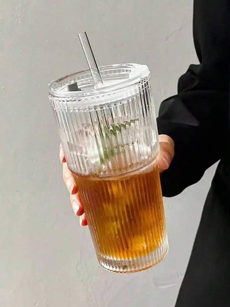 1pc 20.29oz Large Striped Glass Cup With Lid - Insulated, Reusable, Suitable For Cold Drinks, Juices And Coffee - Ideal For Home, Office And Holiday Gatherings