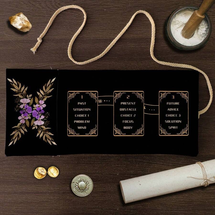 1pc Floral Lunar Snake Tarot Cards Storage Bag With Divination Tools - Black Polyester Fiber Gift Pouch, Suitable For Witchcraft, Astrology Supplies, And Holiday Parties