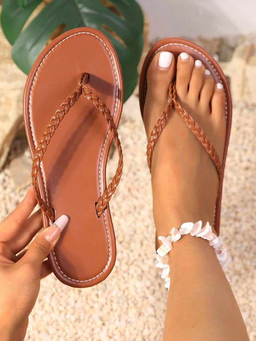 Sandale țesute la modă pentru femei, maro, vara 2025, papuci de plajă casual eleganti, plati, anti-alunecare, durabili, marimi mari, potriviti pentru călătorii de vacanță