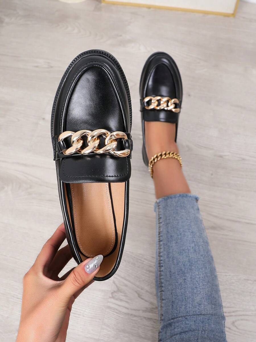1 par de mocasines planos de cadena de metal de unicolor, estilo colegial, apropiados para la oficina en todas las estaciones