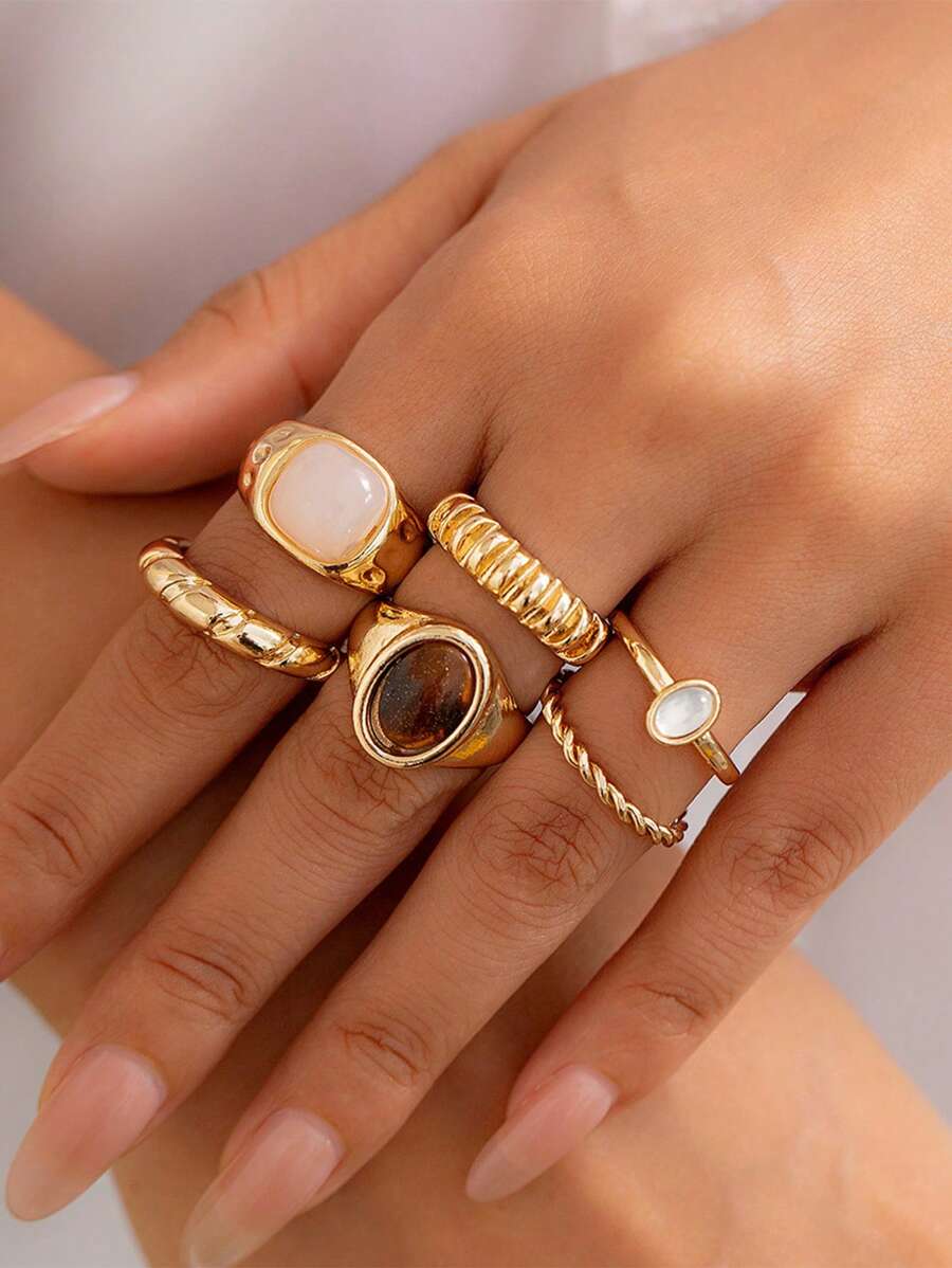 6pcs/Set Retro Baroque Style Colorful Faux Gem Rings, Suitable For Daily Wear, Gatherings, Parties, Holidays, Gift