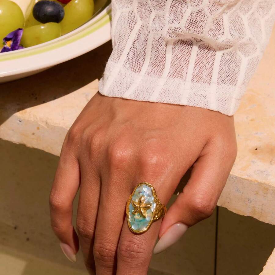 S SHOPBOHO 1pc Summer Accessories Oval Statement Open Ring Chunky Finger Ring Necklace Jewelry Set Starfish Charm Ring