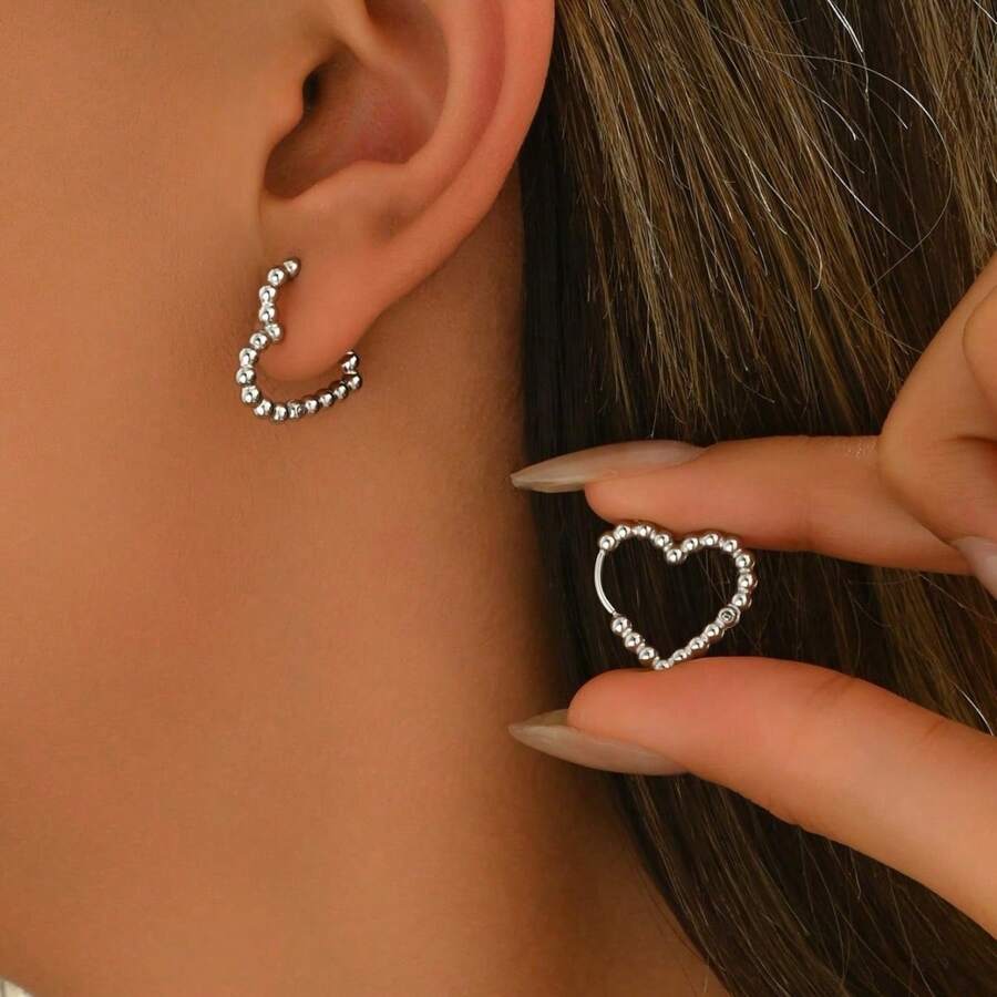 1 Pair Fashionable Heart Shaped Stainless Steel Hoop Earrings, Simple & Sweet, Versatile, Gift Box For Women, Valentine's Day Jewelry