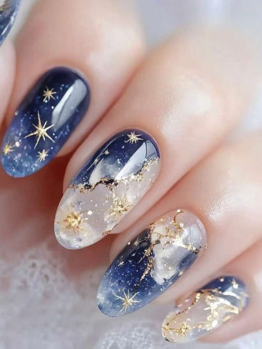 24 Pieces Of Medium Oval Fine Twinkle Star Moon French Sweet And Versatile Gentle Fake Fingernail Supplies Set Suitable For Girls To Wear Daily Work, 1 Nail File, A Jelly Glue