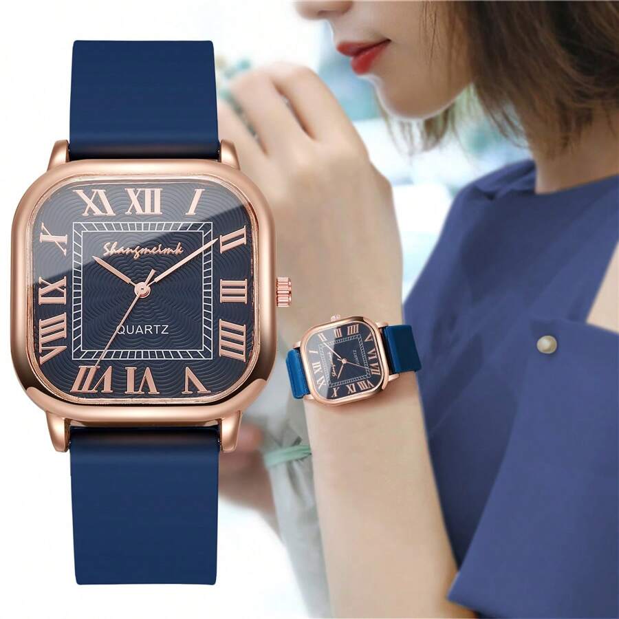 1pc Women's Casual Square Dial Roman Numeral Silicone Band Quartz Wristwatch, Fashionable Elegant Style (1pc/Set), Excluding Watch Box