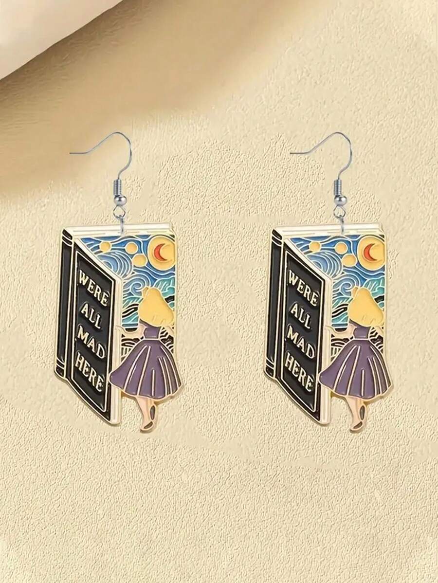A Pair Of Art Fairy Tale Book Earrings Featuring 2D Flat Alice Images And Classic Quotes For Casual Gatherings. Acrylic Everyday Wear Earrings For Men And Women