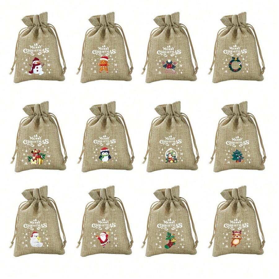 10pcs Linen Gift Bags, Christmas Gift Bags, Holiday Present Bags, Accessory & Snack Storage Bags, Gift Wrapping Bags