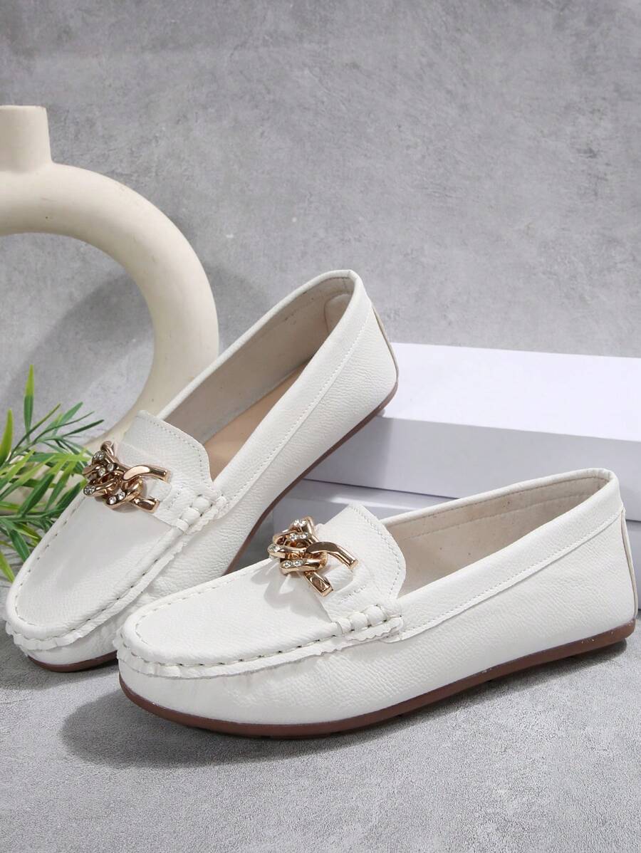 Mocasines casuales de primavera de amplia cabida para mujer con cadena y decoración de strass, bailarinas de piel suave blanca