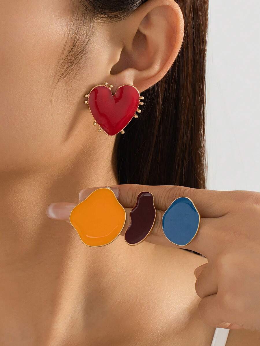 1 Pair Enamel Drip-Glaze Heart & Geometric Design Women Earrings, Minimalist Elegant Fashion Style, Suitable For Mother's Day Gift And Daily Wear