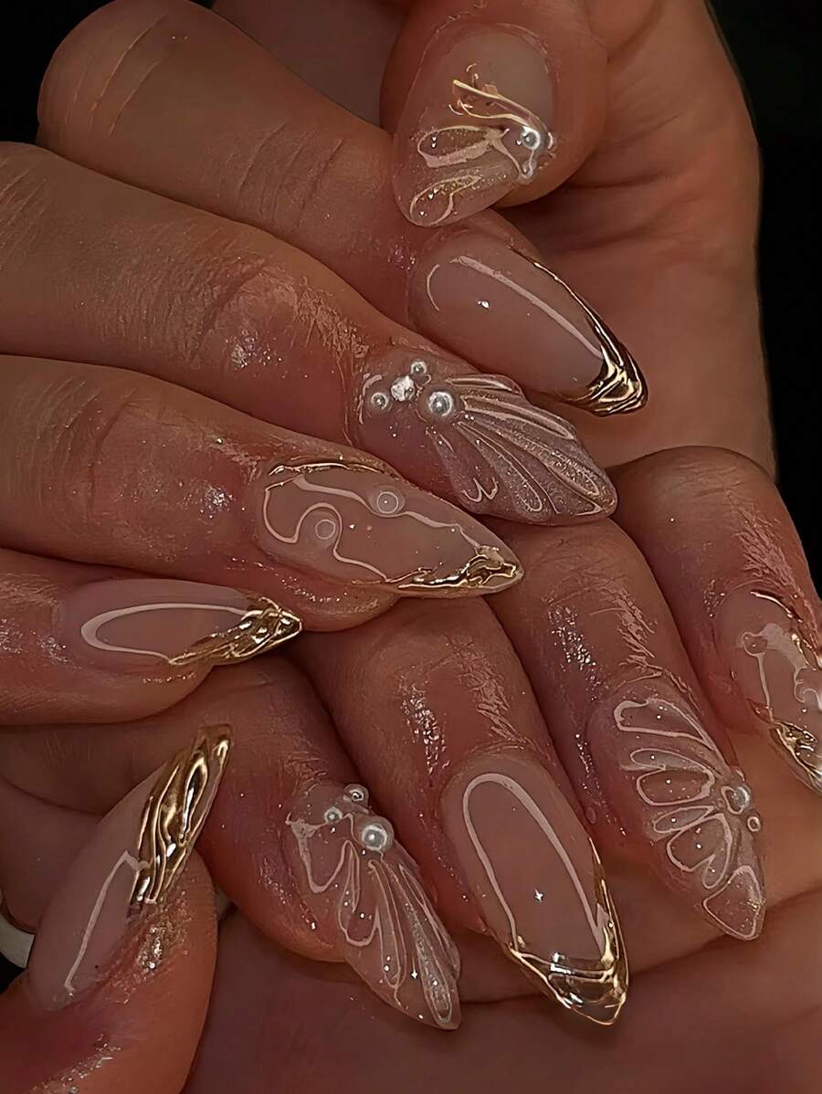 24pcs Almond Shaped False Nails With Gold Stripes, French Tips, Mermaid Shell Patterns, Pure White Pearl, White Diamond And Handmade Resin, Presenting 3D Effect For Luxurious Look, Comes With Jelly Gel And File