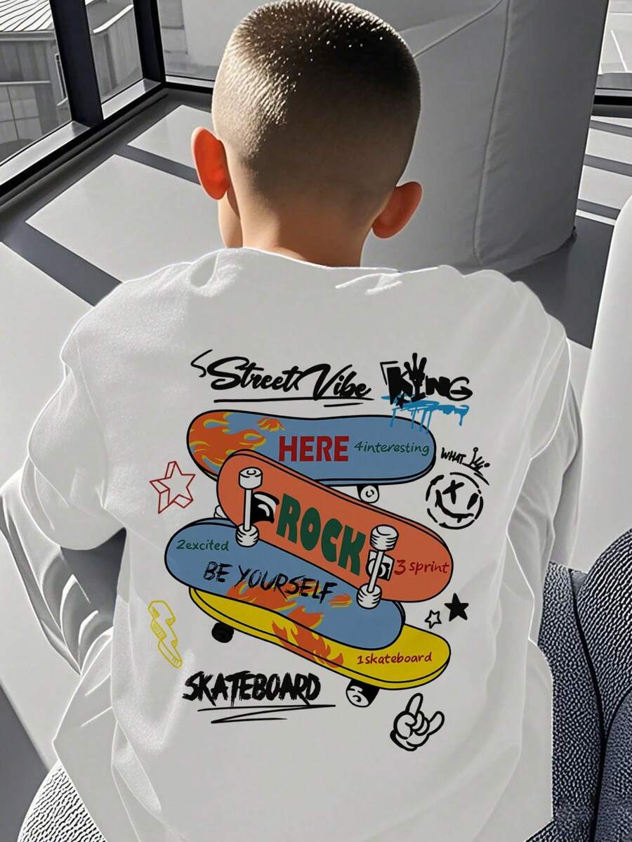 1 pieza Camiseta de manga corta con estampado de monopatín blanca para niños preadolescentes, adecuada para estudiantes jóvenes, parte superior de verano para niños preadolescentes