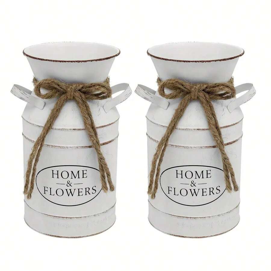 Vase à fleurs galvanisé vintage de style ferme - Pot de lait crème blanc délavé et patiné avec l'étiquette "Fleurs fraîches de la maison", parfait comme centre de table et décoration d'intérieur