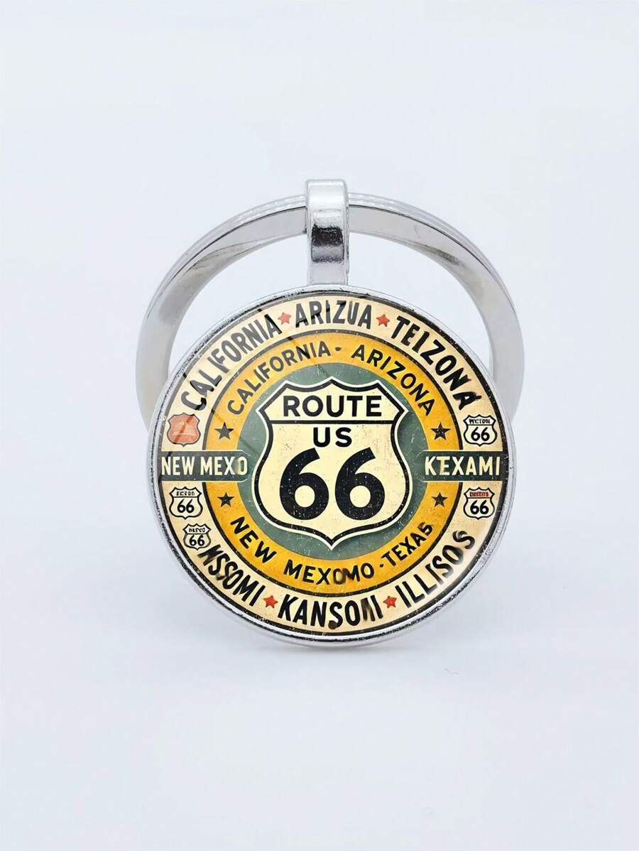 1pc 66 Highway Route - Retro Alloy Round Glass Pendant, Creative Gift For Festival Party, Travel Jewelry Lovers