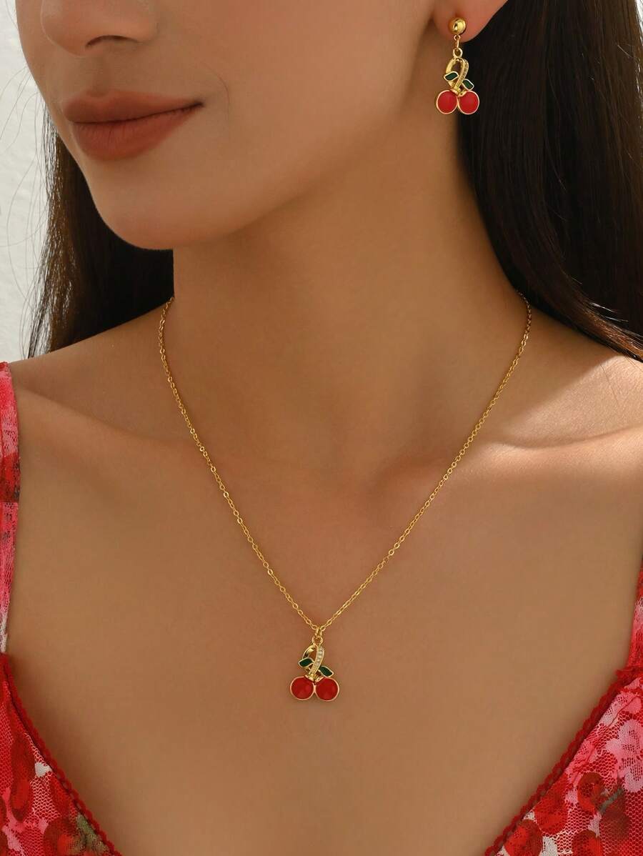 3pcs Set Summer Elegant Metallic Delicate Cherry Necklace & Earrings Jewelry Set, Suitable For Daily Wear Or Gift