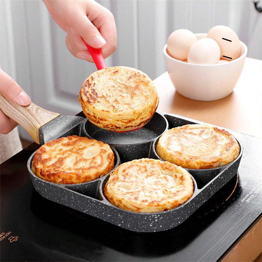 1pc 4-Hole Nonstick Egg Pan, Flat Egg Dumplings Frying Pan For Breakfast Egg Burger Cooking Kitchen Tools Pot